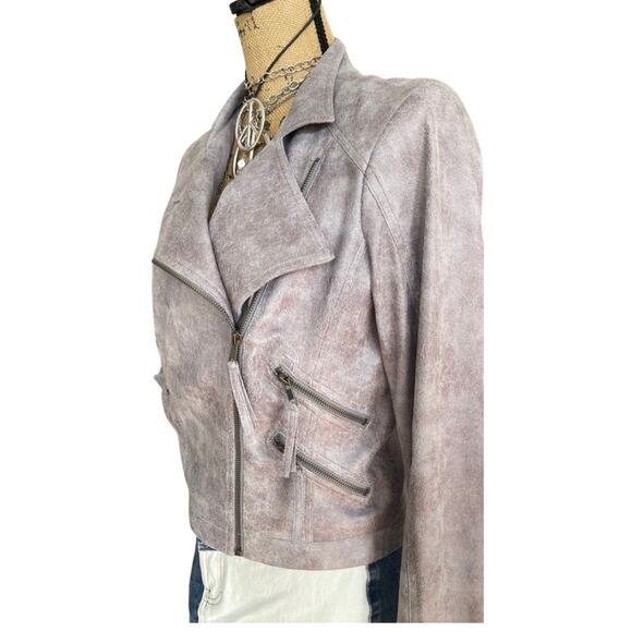 LAVANDER BROWN - NWOT faux leather moto biker jacket crackled gray size SMALL - Picture 7 of 15